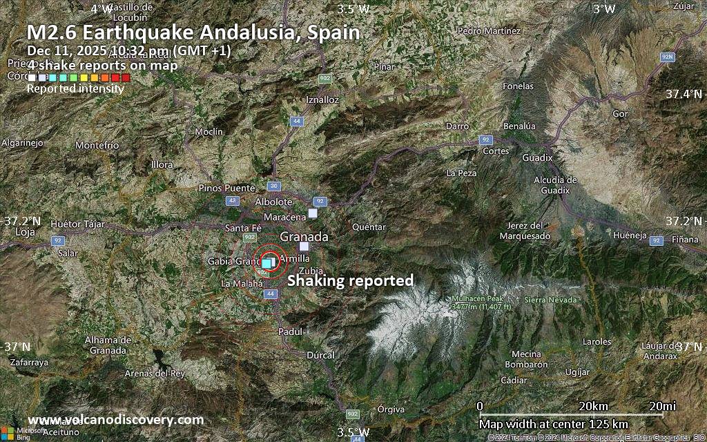 Unconfirmed quake or seismic-like event reported: 7.8 km southwest of Granada, Granada, Andalusia, Spain, 4 minutes ago