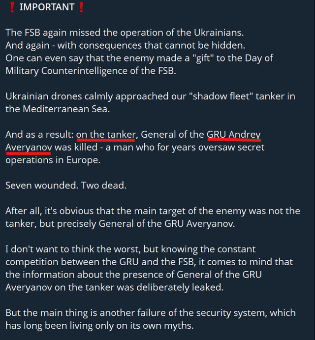 A senior russian GRU general (andrey averyanov) was killed during an attack on a shadow fleet tanker in the Mediterranean Sea.