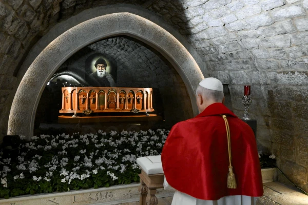 Pope Leo XIV reflects on the enduring message of St. Charbel Makhlouf at the hermit's tomb at the Monastery of St. Maron, in Annaya, Lebanon, on Dec. 1, 2025. Credit: Vatican Media