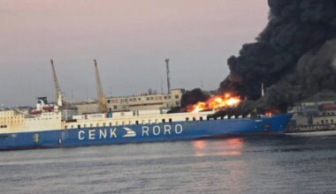 Photo shows flames erupting from passenger-cargo ferry CENK T, owned by the Turkish company Cenk Ro-Ro and actively sailing under the Panamanian flag from Turkey to Ukraine and back on Dec. 12, 2025. (Photo via X)