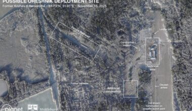 Satellite imagery of the Oreshnik IRBM at a deployment site in Belarus on Nov. 16, 2025. (Planet Labs photo via X/ArmsControlWonk)