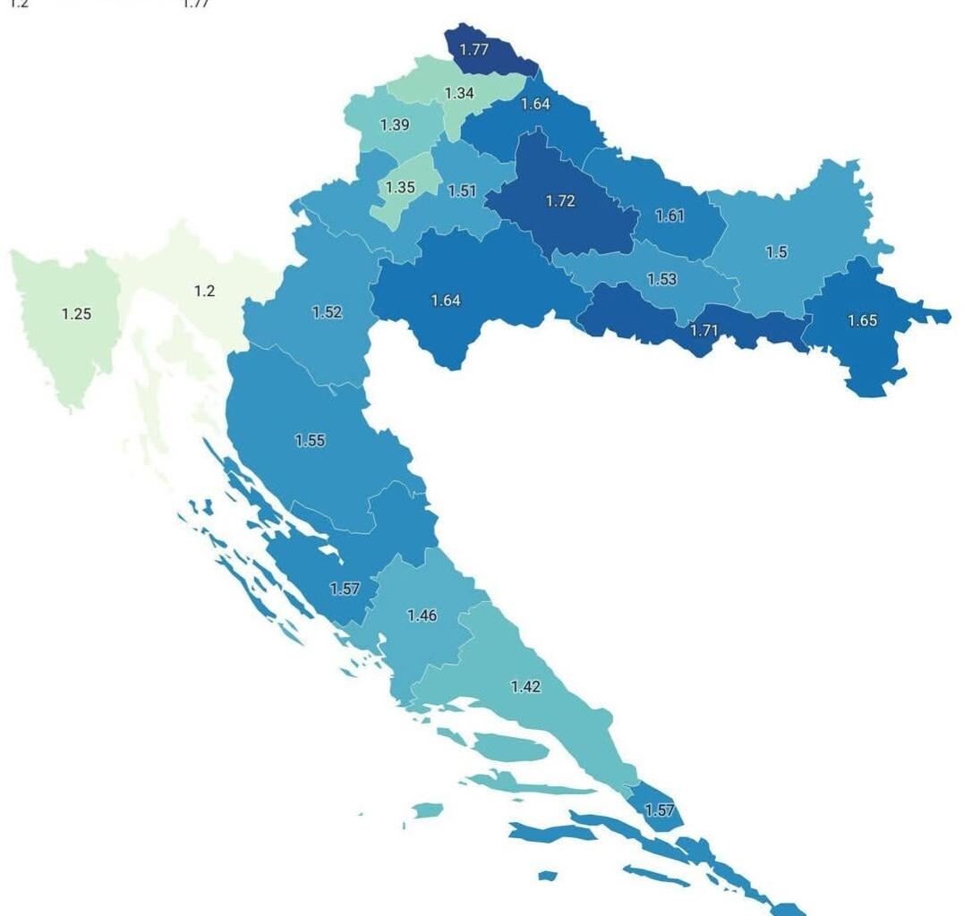 TFR u Hrvatskoj po županijama (2023)
