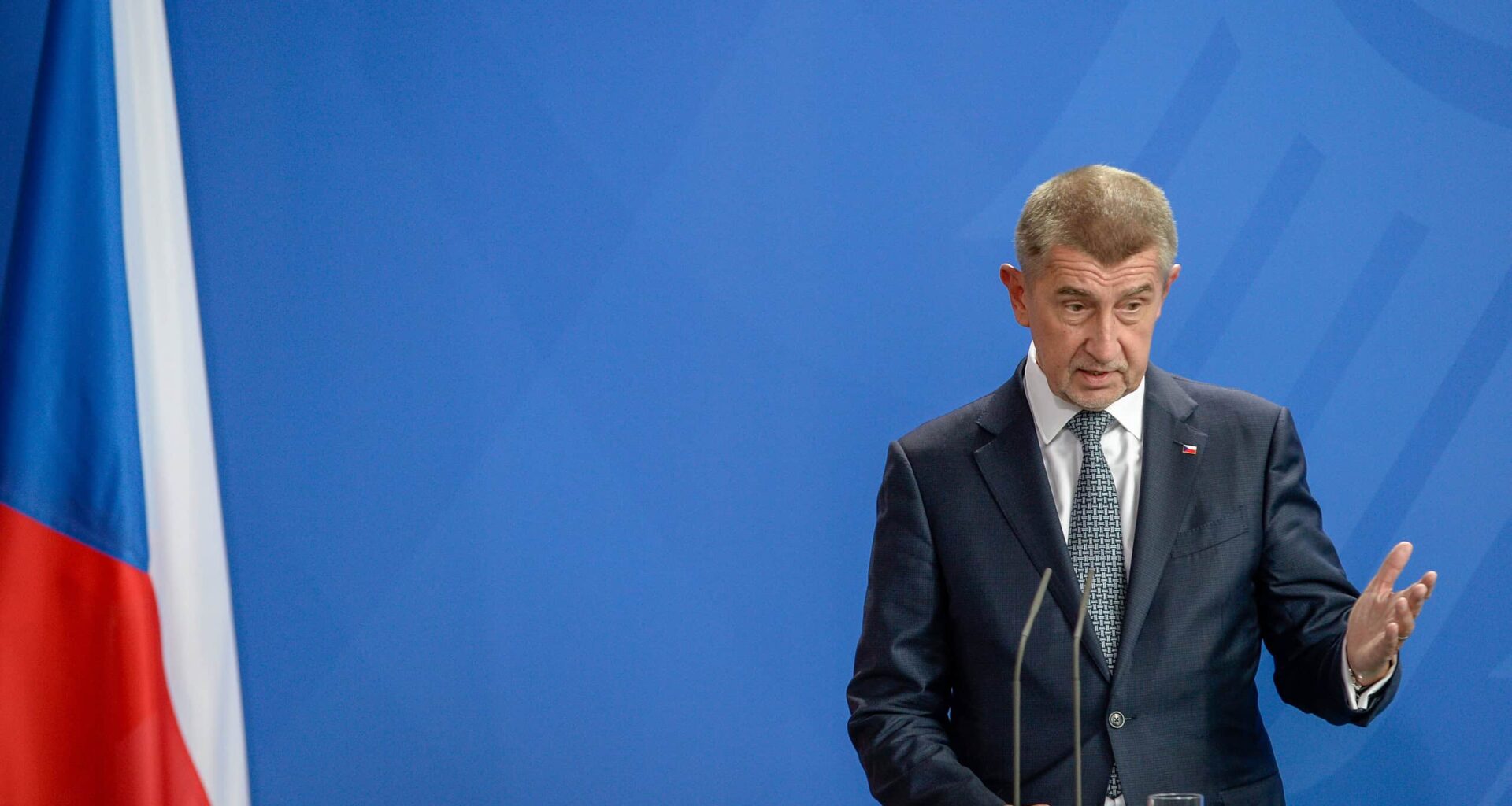 The Prime Minister of the Czech Republic, Andrej Babiš answers questions at the press conference at the German Chancellery in Berlin