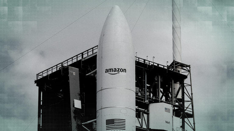 An Atlas V rocket carrying Amazon's Leo satellites is prepared for launch from Florida, US, 28 April 2025. Pic: Reuters