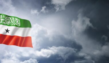 Die Flagge von Somaliland vor einem bewölkten Himmel.