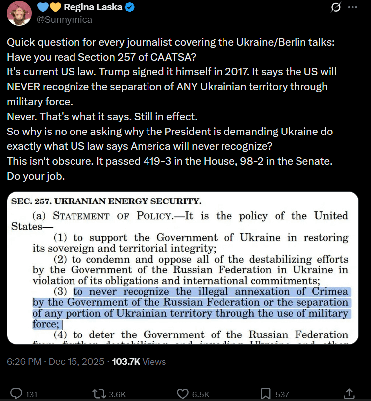 The USA President demands Ukraine do exactly what US law says America will never recognize