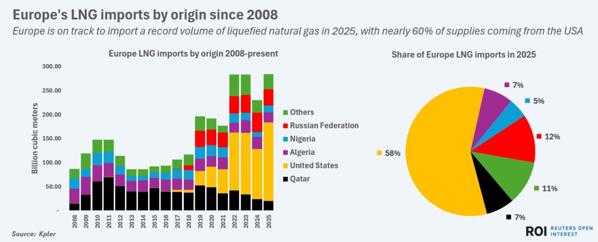 Europe is on track to import a record volume of liquefied natural gas in 2025, with nearly 60% of supplies coming from the USA