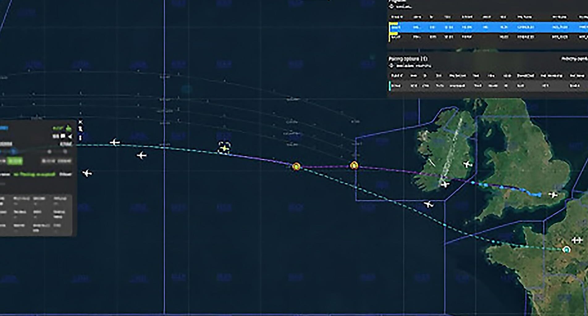 North Atlantic flight map with UK, Ireland and Spain visible