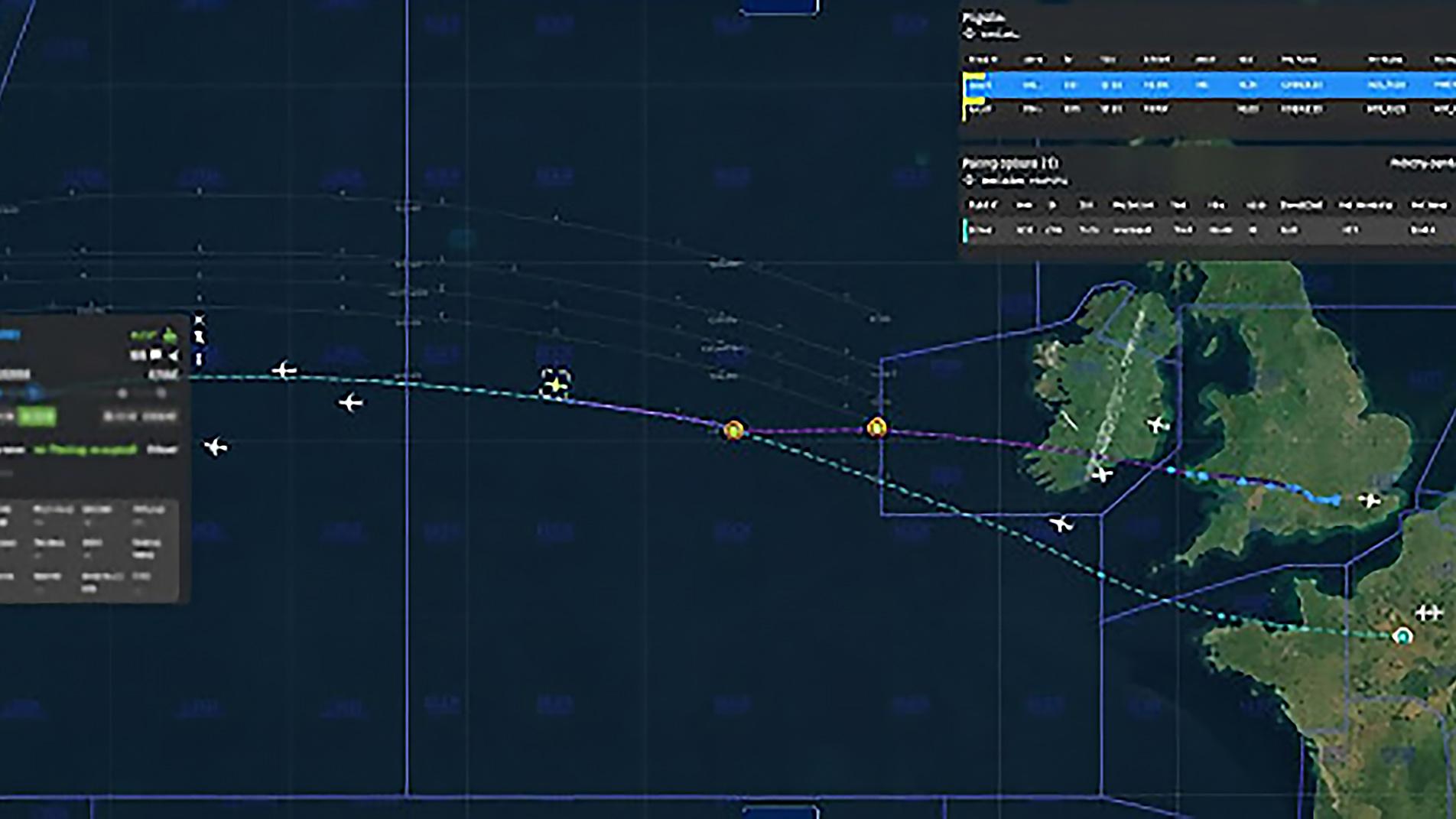 North Atlantic flight map with UK, Ireland and Spain visible