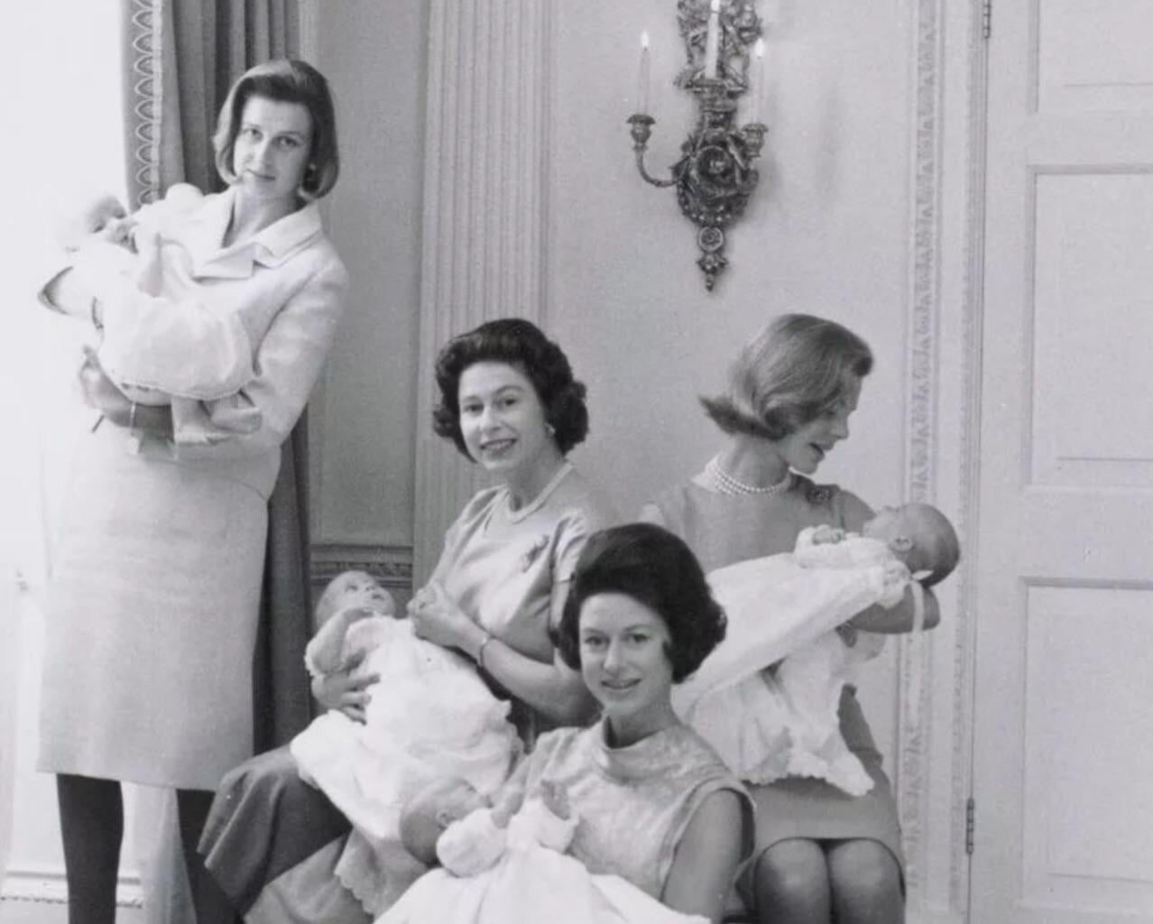 Queen Elizabeth II, Princess Margaret, Princess Alexandra, and the Duchess of Kent in 1964 with their new babies. Taken by Margaret’s husband Anthony Armstrong-Jones.