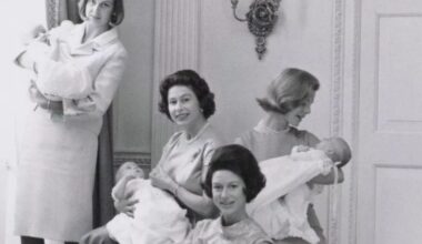 Queen Elizabeth II, Princess Margaret, Princess Alexandra, and the Duchess of Kent in 1964 with their new babies. Taken by Margaret’s husband Anthony Armstrong-Jones.