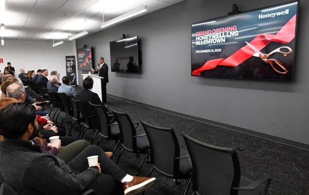 Vimal Kapur is Chairman and CEO of Honeywell,  speaks during the opening of Honeywell's new office Friday, Dec. 19, 2025, in Upper Macungie Township. The company unveiled offices for its new liquefied natural gas division at the site that formerly housed Air Products' LNG process technology and equipment business. (Amy Shortell / The Morning Call)