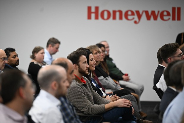 Employees listen as Vimal Kapur is Chairman and CEO of Honeywell, speaks during the opening of Honeywell's new office Friday, Dec. 19, 2025, in Upper Macungie Township. The company unveiled the office for its new liquefied natural gas division at the site that formerly housed Air Products' LNG process technology and equipment business. (Amy Shortell / The Morning Call)
