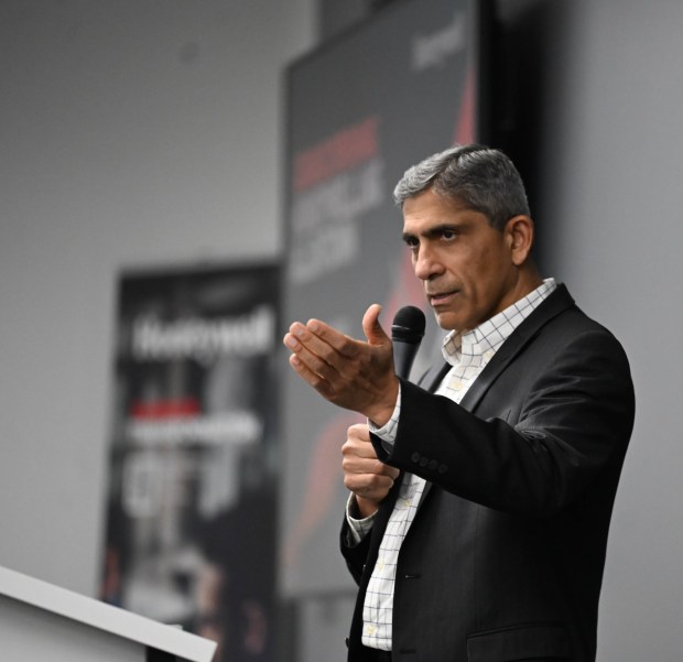Vimal Kapur is Chairman and CEO of Honeywell,  speaks during the opening of Honeywell's new office Friday, Dec. 19, 2025, in Upper Macungie Township. The company unveiled offices for its new liquefied natural gas division at the site that formerly housed Air Products' LNG process technology and equipment business. (Amy Shortell / The Morning Call)