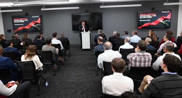 Ken West, speaks during the opening of Honeywell's new office Friday, Dec. 19, 2025, in Upper Macungie Township. The company unveiled offices for its new liquefied natural gas division at the site that formerly housed Air Products' LNG process technology and equipment business. (Amy Shortell / The Morning Call)