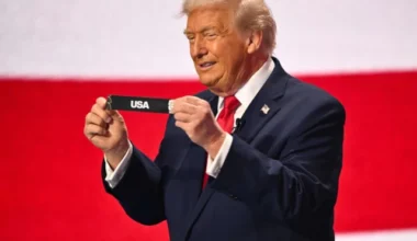 us president donald trump shows the card reading usa during the draw for the 2026 fifa football world cup taking place in the us canada and mexico at the kennedy center in washington dc on december 5 2025 photo afp