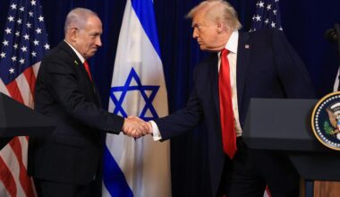 U.S. President Donald Trump (R) shakes hands with Israeli Prime Minister Benjamin Netanyahu during a press conference at his Mar-a-Lago club in Palm Beach, Florida, United States on Dec. 29, 2025. (AFP Photo)