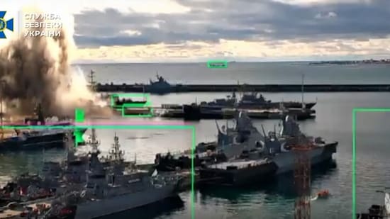As per a statement issued by Ukraine’s Security Service SBU, it used 'Sea Baby' naval drones to knock out the Russian vessel. (Screengrab from SBU video)(Ukraine SBU)