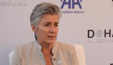 Caroline Holt, director of Climate, Disaster and Crisis at the International Federation of Red Cross and Red Crescent Societies (IFRC), speaks during an interview on the sidelines of the Doha Forum in Doha, Qatar on Dec. 6, 2025. (AA Photo)