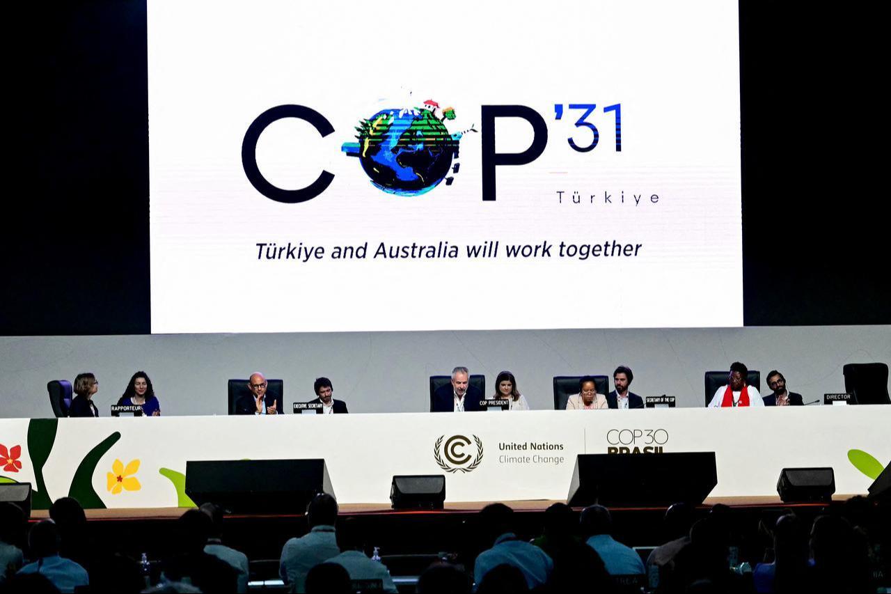 A screen shows the COP31 logo organized by Türkiye and Australia during the COP30 UN Climate Change Conference in Belem, Para state, Brazil on Nov. 22, 2025. (AFP Photo)