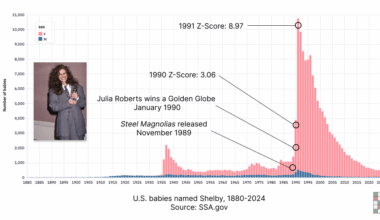 [OC] The name "Shelby" saw its most unexpected popularity spike in 1991, following Julia Roberts’ breakout role in Steel Magnolias