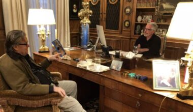 Two men sit in a wood-panelled office filled with books and antiques, with Steve Bannon seated in a fringed chair at a large desk and Jeffrey Epstein seated across from him.