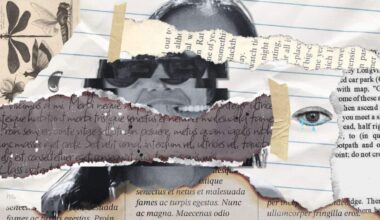 A distressed, collage-style image featuring torn paper layers, a black-and-white face in sunglasses obscured by static, fragments of text, and sketches of insects and a crying eye.