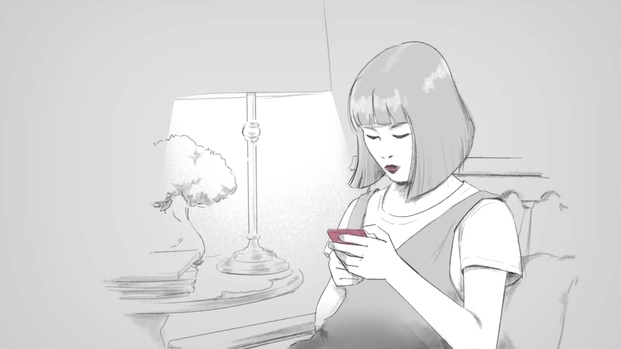 A minimalist, grayscale sketch shows a young woman with a bob haircut sitting in a dimly lit room, focusing on a glowing red smartphone in her hands.