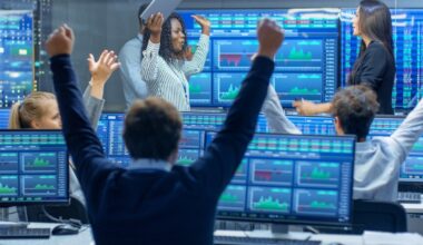 Wall Street traders looking at graphs and charts, cheering because the stock market went up.