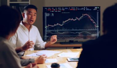 A person talking to two others with a price chart in the background.