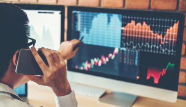 A person talks on a phone while pointing at a computer screen that displays stock price charts.