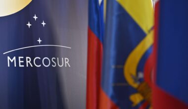The Mercosur logo can be seen on a wall behind flags of the Mercosur member states on the sidelines of the summit of the economic alliance. Negotiators from EU countries and the European Parliament have agreed on new safeguards for imported agricultural products under the pending Mercosur free trade agreement, despite persisting divisions over the approval of the deal with four Latin American countries.