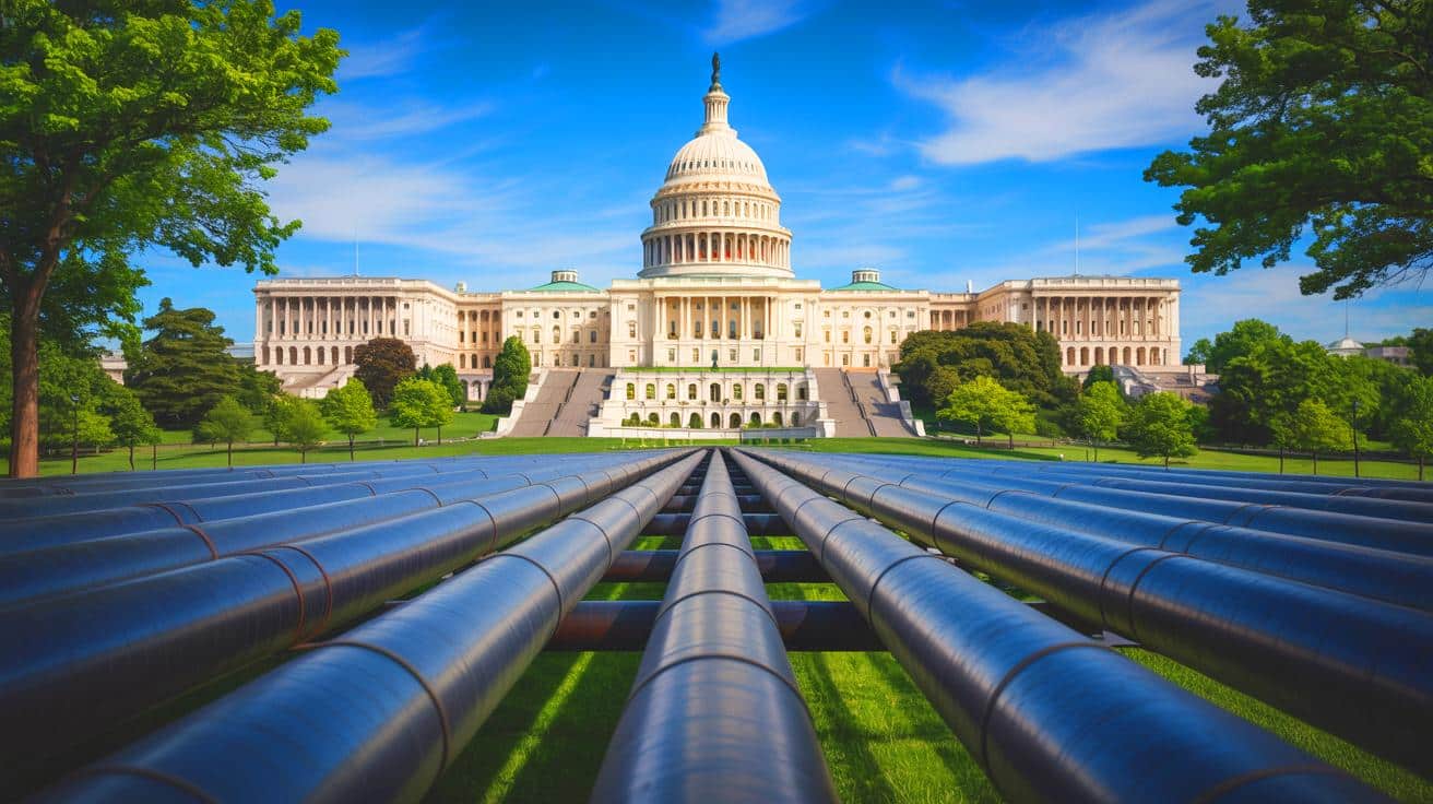 Illustration of the U.S. House of Representatives passing a bill to expedite federal permitting for interstate natural gas pipelines.