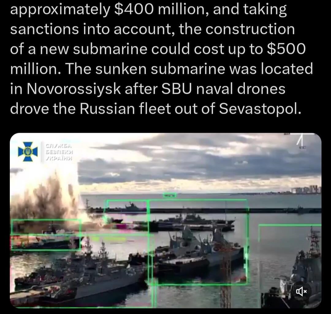 Ukraine during early morning operation strike using a sea drone hit and sunk a Russia Kilo class Sub in their port in the Black Sea
