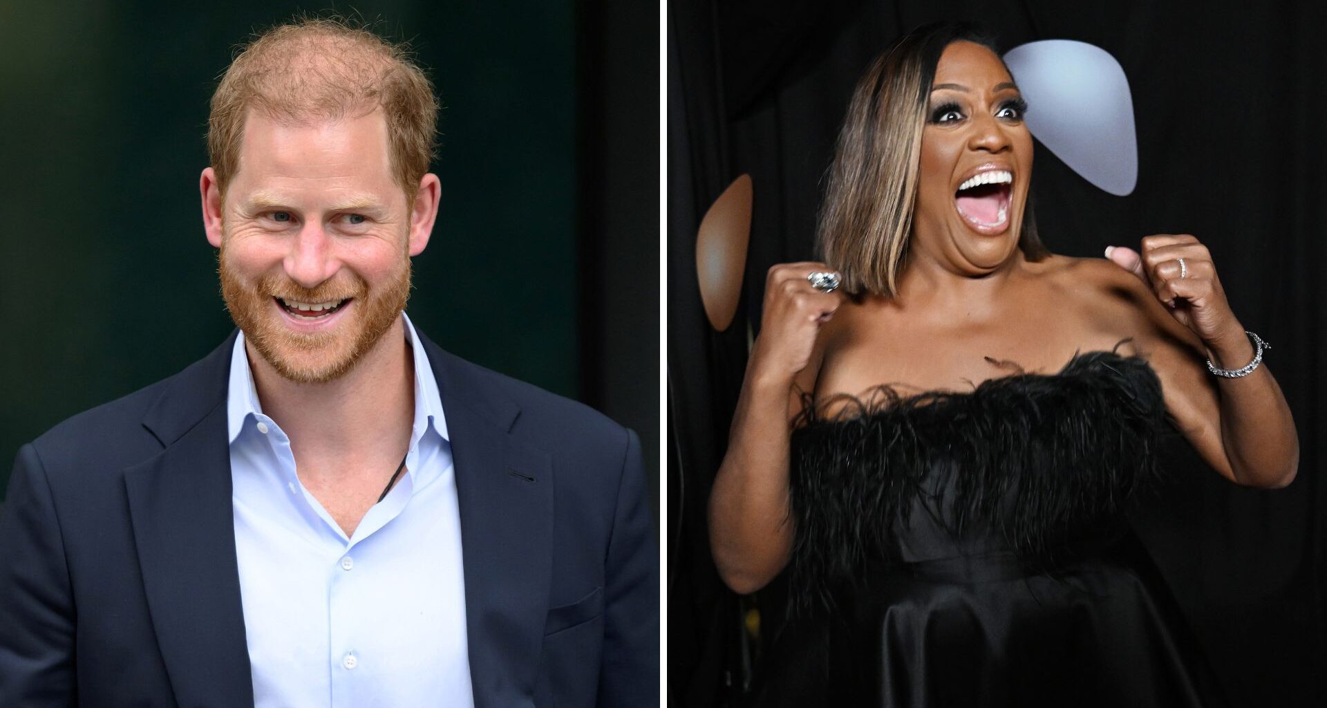 A composite of a picture of Prince Harry and a picture of Alison Hammond looking happy at the NTAs
