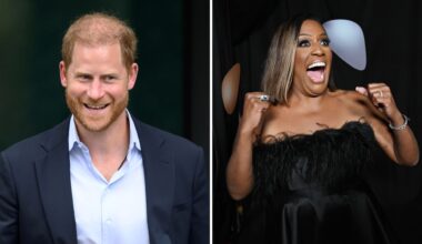 A composite of a picture of Prince Harry and a picture of Alison Hammond looking happy at the NTAs
