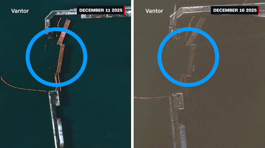 Satellite imagery from before and after Ukraine's underwater drone operation at Novorossiysk shows barges across the entrance to the port.
