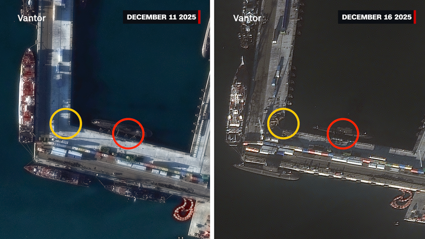 Satellite imagery from before and after Ukraine's underwater drone operation at Novorossiysk port shows damage to pier close to Kilo-class submarine.