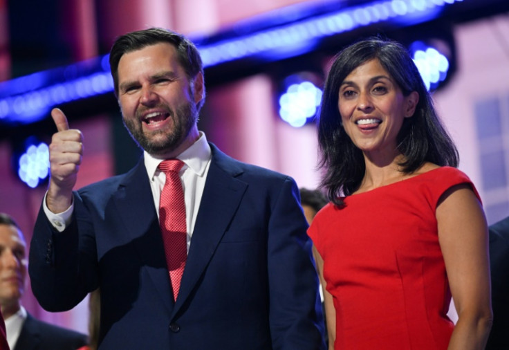 Vice presidential candidate J.D. Vance and his wife Usha at the 2024 Republican National Convention in Milwaukee, Wisconsin on July 18