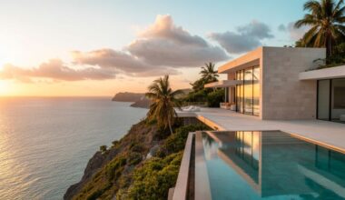 A luxury villa overlooking the caribbean sea during sunset in barbados.