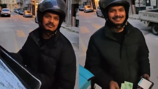 An Indian delivery rider was left speechless after a YouTuber handed him €200 during a delivery.(Instagram/bartmann)