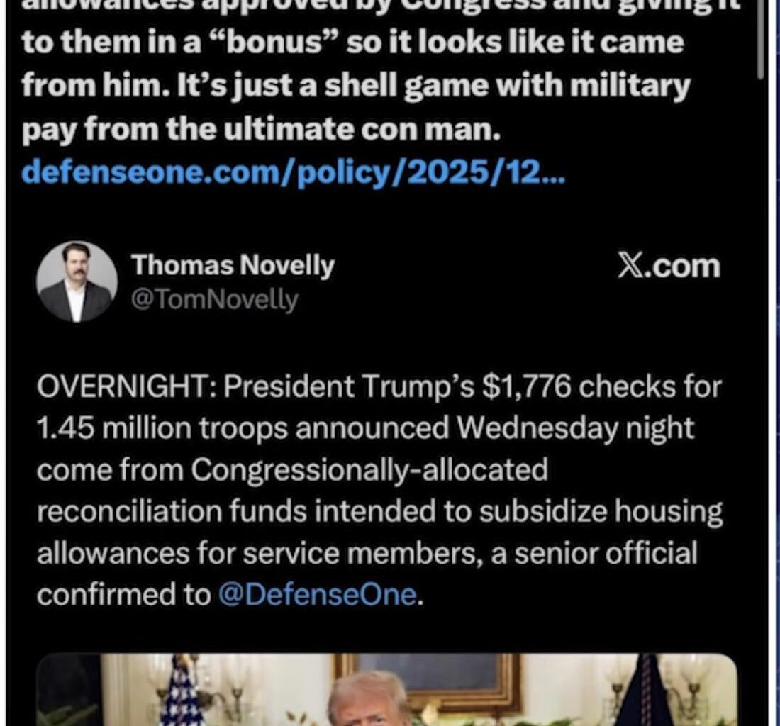 Ok, get this straight… he took the (already approved by Congress) funds for our soldier’s housing, pretended it comes from tariffs, slapped his name on the check… and he thinks it’s enough to bribe soldiers into committing war crimes. Hooray for him!