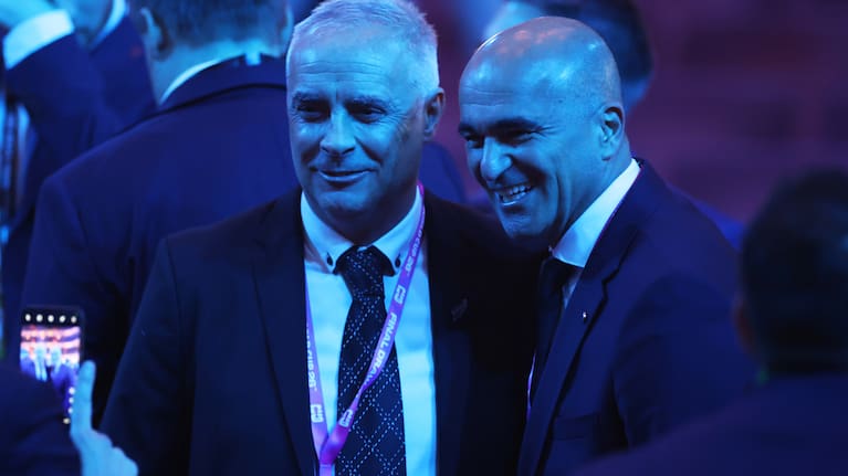All Whites coach Darren Bazeley, left, and Portugal's coach Roberto Martinez at the Kennedy Center in Washington