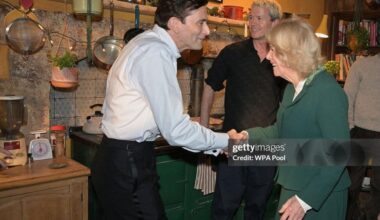 Camilla shaking hands with David Tenant and more photos from today on the set of Rivals