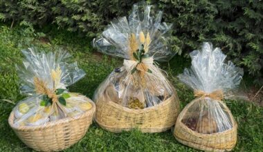 3 gift baskets filled with Bursa’s geographically indicated olives and olive oil, wrapped with decorative natural elements before being presented to Pope Leo XIV during his visit to Iznik, Bursa, Türkiye, Nov. 28, 2025.(AA Photo)