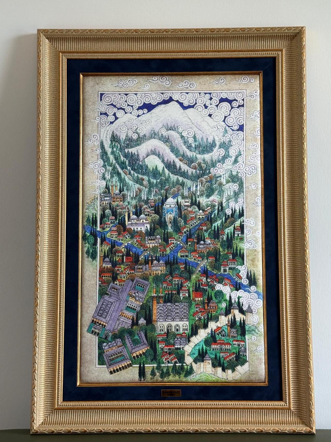 A Bursa silk miniature featuring a Nusret Colpan depiction of the city extending from Uludag, gifted to Pope Leo XIV during his visit for the First Council of Nicaea’s 1700th anniversary. (AA Photo)