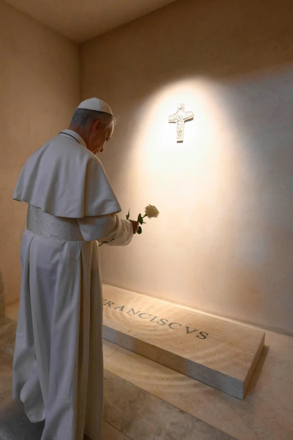 Pope Leo XIV prays at the tomb of Pope Francis at the Basilica of St. Mary Major in Vatican City, Saturday, May 10, 2025. Credit: Vatican Media