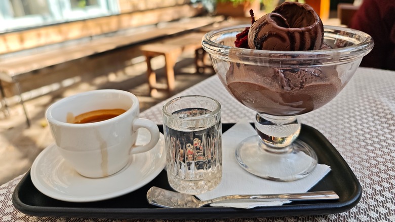 Tray with espresso, water, and chocolate ice cream