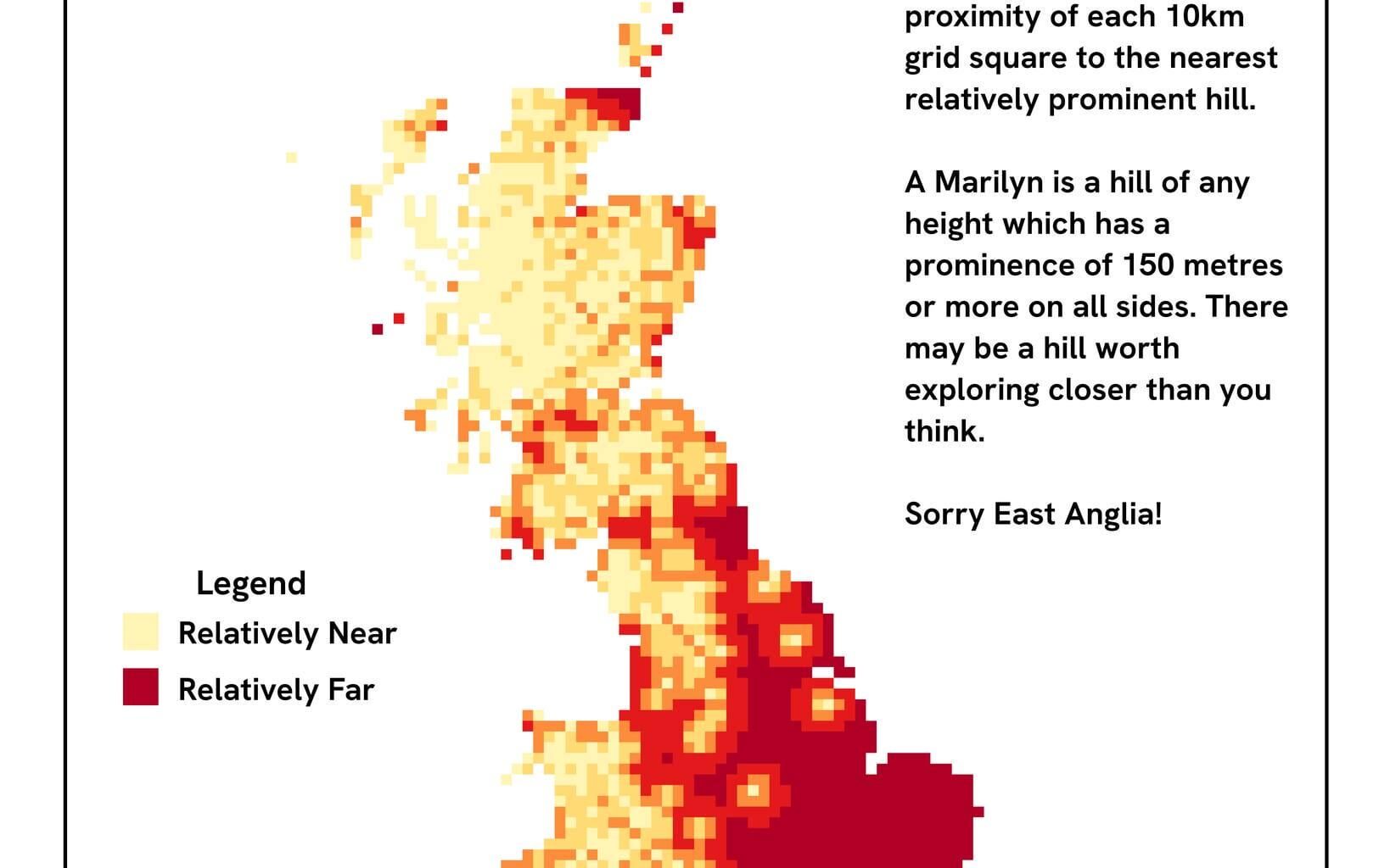 How close is the nearest prominent hill (150m on all sides)