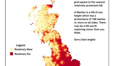 How close is the nearest prominent hill (150m on all sides)